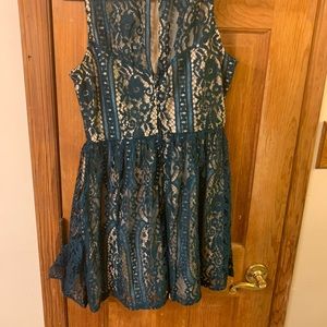 Dress: nude base with hunter green lace overlay